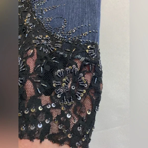 Embellished deep blue denim jeans Sequin Black Lace Embroidered Capri - Picture 9 of 13